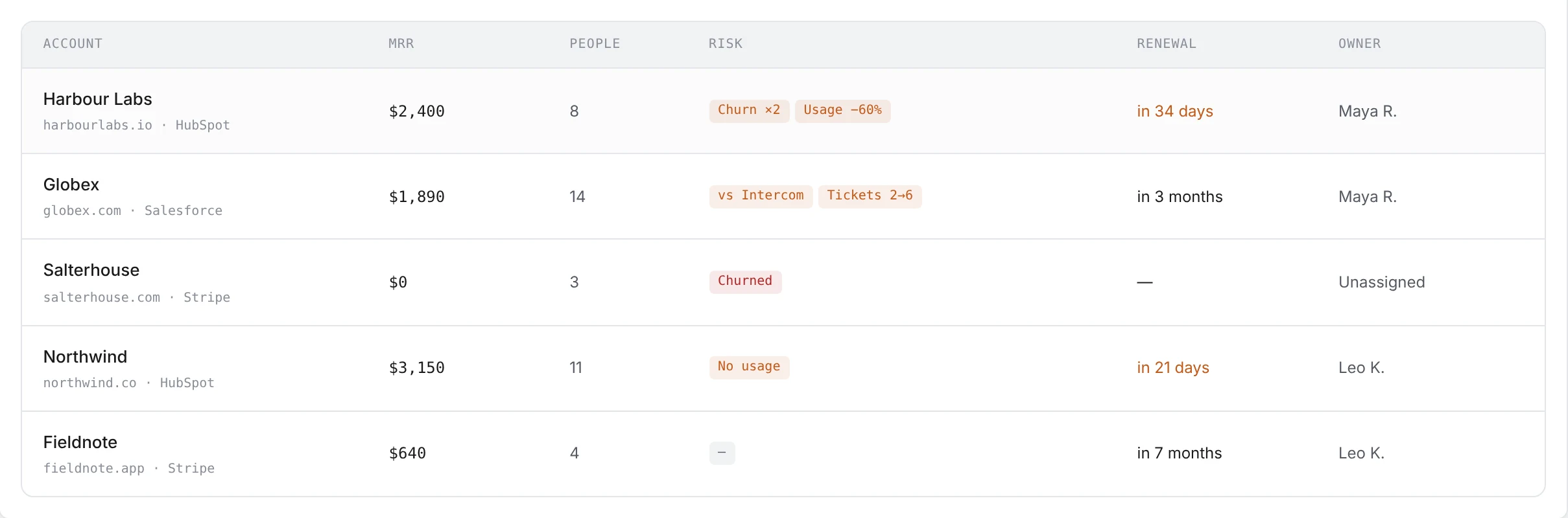 Accounts sorted by risk, with MRR, people, risk reasons, renewal date and owner